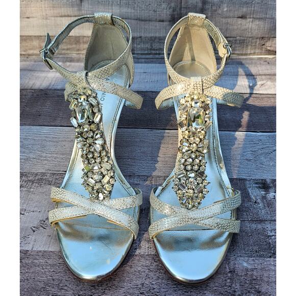 ANTONIO MELANI Silver Crystal Rhinestone T-Strap Heels Sandals Shoes Women's 8M - Picture 3 of 9